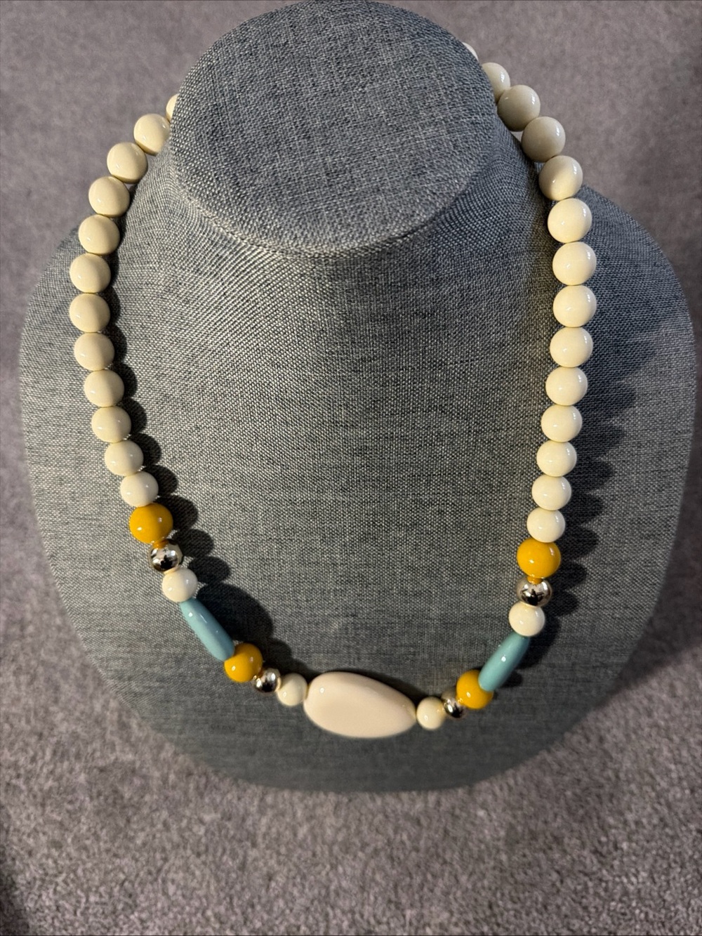 Cream Beaded Necklace with Yellow & Light Blue Accents